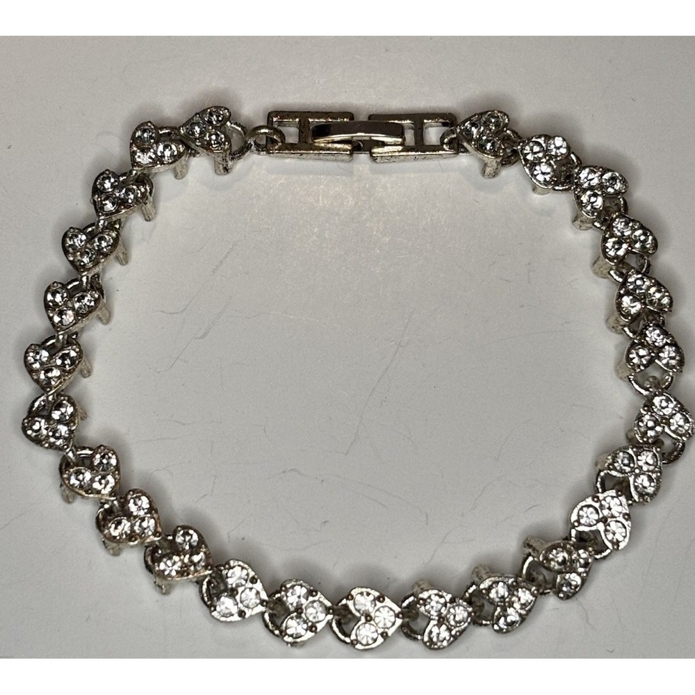 Vintage Tennis Bracelet Heart Link Clear Rhinestone 6.75"